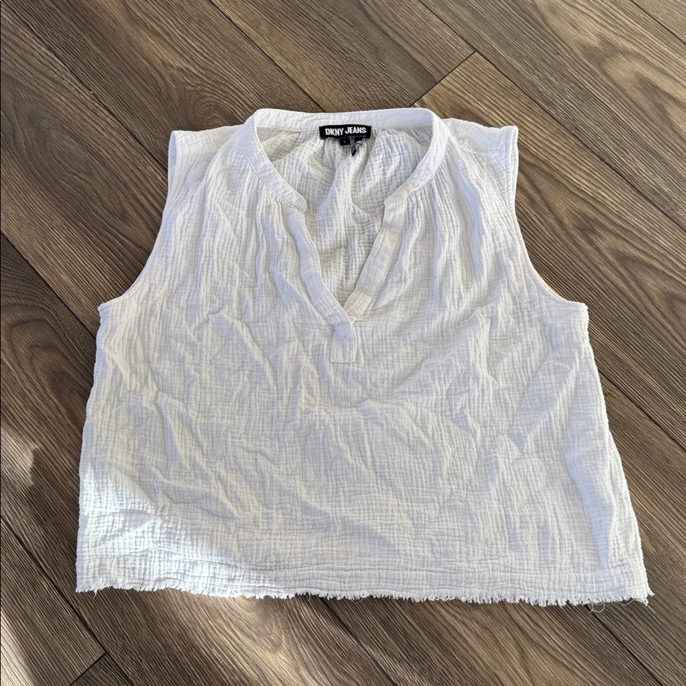 Dkny jeans White Textured sleeveless raw edge organic Cotton Top